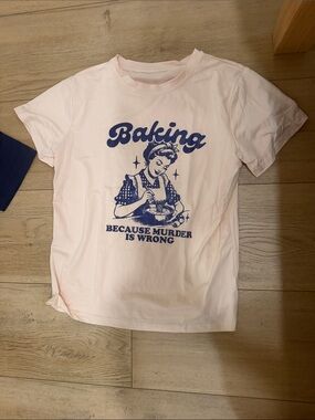 Graphic 'Baking Because Murder Is Wrong' Tee - Off white with Navy Print